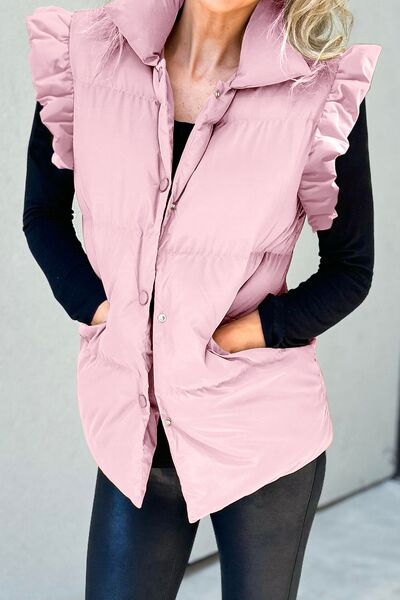 Ruffled Snap Down Mock Neck Vest Coat