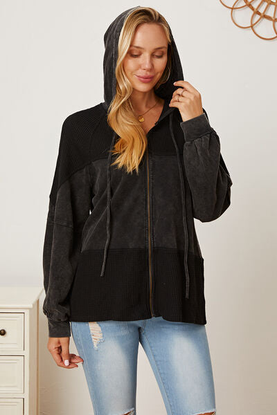 Waffle-Knit Drawstring Hooded Outerwear