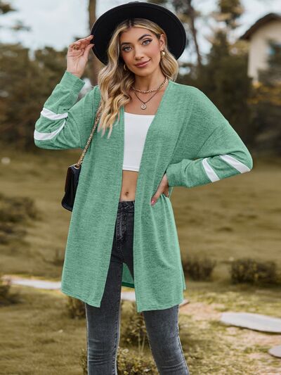 Striped Open Front Dropped Shoulder Cardigan