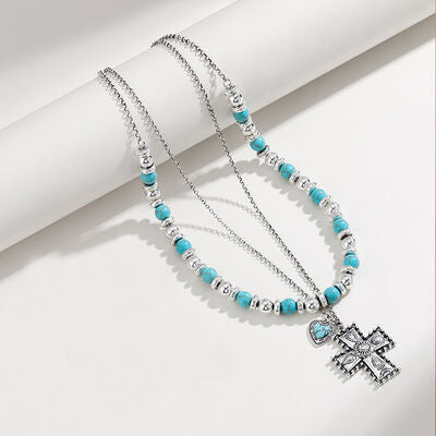 Collier croisé double couche en perles turquoise artificielles