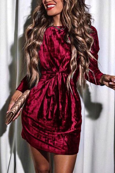 Tied Round Neck Long Sleeve Dress