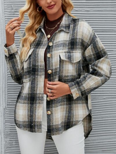 Plaid Button Up Dropped Shoulder Outerwear