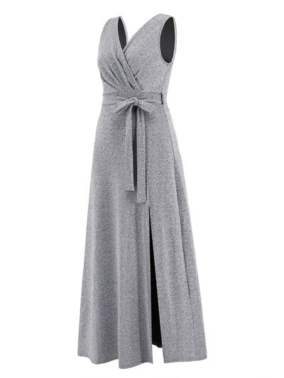 Slit Surplice Tie Waist Sleeveless Dress