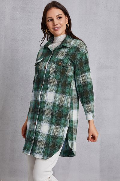 Plaid Button Up Dropped Shoulder Coat with Pockets