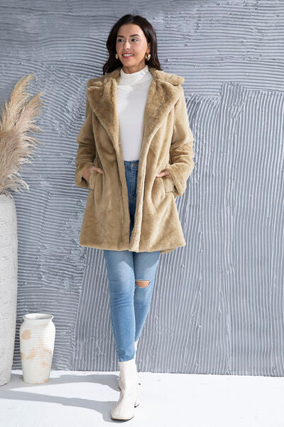 Fuzzy Button Up Lapel Collar Coat