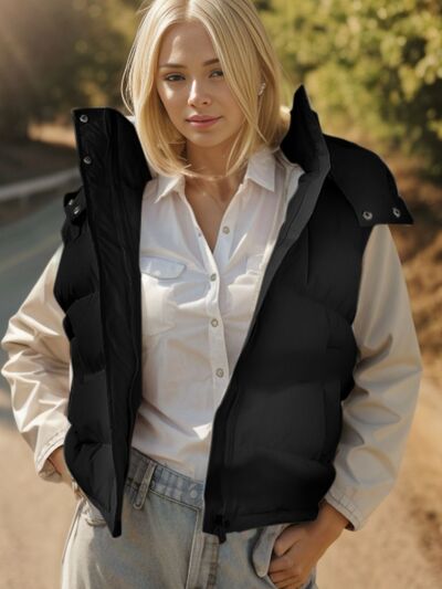 Pocketed Zip Up Hooded Vest Coat