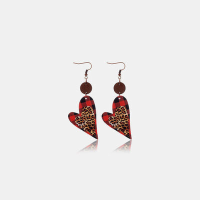 PU Leather Wood Heart Dangle Earrings