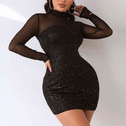 Sequin Mock Neck Mesh Dress