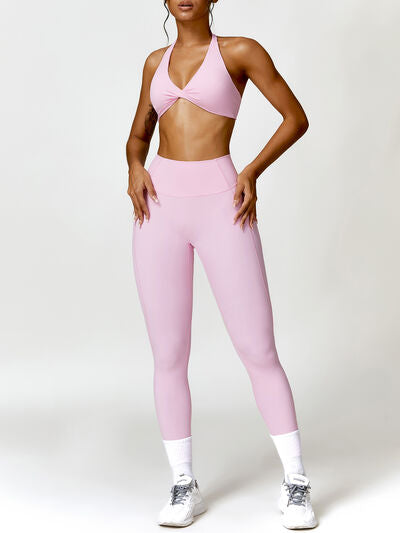 Ensemble actif soutien-gorge dos nu torsadé et leggings taille haute