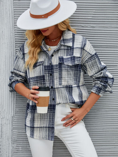 Plaid Pocketed Button Up Dropped Shoulder Jacket