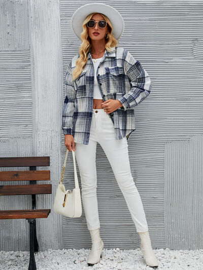 Plaid Pocketed Button Up Dropped Shoulder Jacket